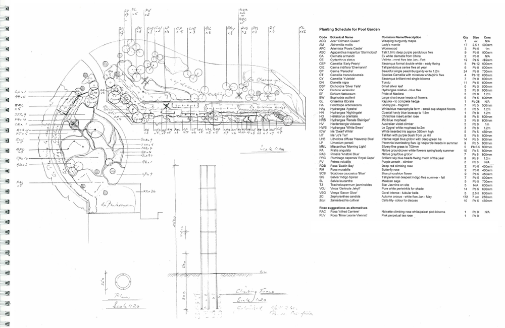 Hand-drawn planting plan with detailed notes